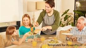  Presentation with grandparents - Theme consisting of father-distributes-salad-to-daughter background and a yellow colored foreground