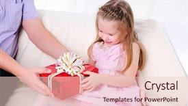  Presentation with gift ribbon - Audience pleasing slides consisting of father gives his young daughter in a red gift box with a white ribbon backdrop and a lemonade colored foreground