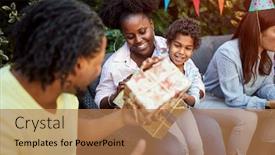  Presentation with daughter - PPT theme consisting of father-giving-birthadays-gift background and a coral colored foreground