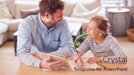  Presentation with home schooling - Colorful slides enhanced with father-helping-daughter-sitting backdrop and a coral colored foreground