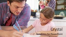  Presentation with helping - Colorful slide set enhanced with father helping daughter to draw backdrop and a coral colored foreground