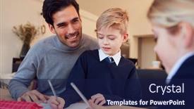  Presentation with homework - Presentation design having father-helping-son-and-daughter background and a navy blue colored foreground