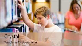  Presentation with researching from books or library - Colorful PPT theme enhanced with father in library choosing book backdrop and a  colored foreground