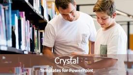  Presentation with researching from books or library - Cool new slide deck with father in library choosing book backdrop and a tawny brown colored foreground