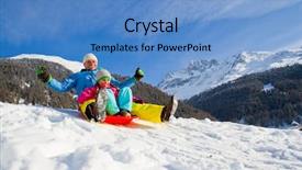  Presentation with winter - Beautiful presentation theme featuring father kid playing - winter fun snow sledding backdrop and a teal colored foreground