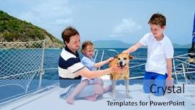  Presentation with luxury yacht - Colorful presentation theme enhanced with father kids and their pet dog sailing on a luxury yacht or catamaran boat backdrop and a light blue colored foreground