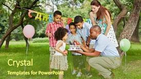  Presentation with happy birthday cake - Slide set with laptop while pointing at camera background and a gray colored foreground.