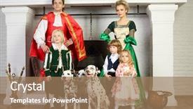  Presentation with costume - PPT theme with father mother in medieval costume with three children and three dalmatians stand near chimney background and a coral colored foreground