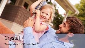  Presentation with swing - Presentation design enhanced with father playing with daughter on a rope swing in a garden background and a light blue colored foreground