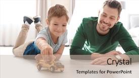  Presentation with toy model - Presentation design with father playing with toy car background and a mint green colored foreground