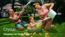  Presentation with baby bath - Colorful theme enhanced with father-pours-water-over-wifes backdrop and a tawny brown colored foreground