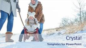  Presentation with winter walk by stream - Slide set with father pushing child with sled background and a  colored foreground