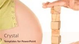  Presentation with baby blocks - Slides consisting of father's hands holding blank toy blocks for his baby's name beside his wife's pregnant belly background and a lemonade colored foreground