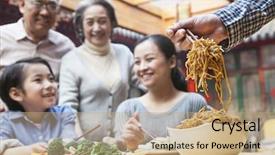  Presentation with chopsticks - Cool new slide deck with father serving noodles with chopsticks backdrop and a coral colored foreground