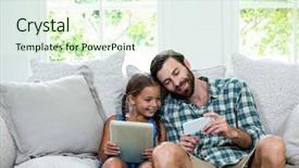  Presentation with mobile home - Audience pleasing theme consisting of father showing mobile phone to daughter while sitting on sofa at home backdrop and a cream colored foreground