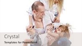  Presentation with knee - Beautiful PPT theme featuring father standing on one knee holds his little daughter on hands and mother bends over them backdrop and a soft green colored foreground