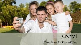  Presentation with family photo - Presentation theme with father taking a photo of whole family at the park on a sunny day background and a light gray colored foreground