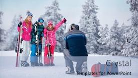  Presentation with snow mountain - Colorful presentation theme enhanced with father taking picture of happy family standing in snow on the mountain backdrop and a light blue colored foreground