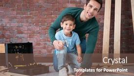  Presentation with nail - Amazing PPT theme having father teaching his little son to drive nail in workshop backdrop and a violet colored foreground