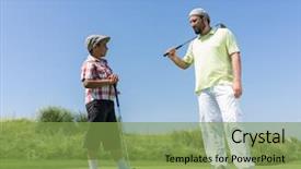  Presentation with teaching - Beautiful slide deck featuring father teaching son playing golf backdrop and a seafoam green colored foreground