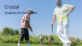  Presentation with father teaching children - Cool new slide deck with father teaching son playing golf backdrop and a light blue colored foreground