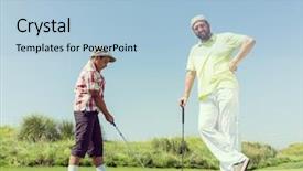  Presentation with teaching - Beautiful slide set featuring father teaching son playing golf backdrop and a light blue colored foreground