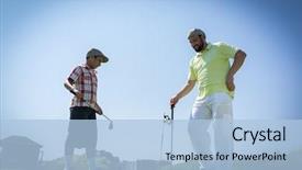  Presentation with teaching - Amazing slide set having father teaching son playing golf backdrop and a light blue colored foreground