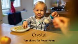  Presentation with give - Beautiful theme featuring father trying to give breakfast to infant son during the morning at the kitchen backdrop and a gold colored foreground