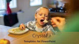  Presentation with infant - Colorful slide deck enhanced with father trying to give breakfast to infant son during the morning at the kitchen backdrop and a gold colored foreground