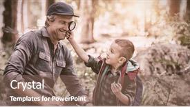  Presentation with detective magnifying glass - Amazing slide set having father while hiking in forest backdrop and a violet colored foreground