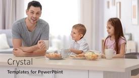  Presentation with breakfast children - Presentation theme having father with children having breakfast in kitchen background and a mint green colored foreground