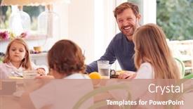  Presentation with breakfast children - PPT layouts enhanced with father-with-children-wearing-pyjamas background and a coral colored foreground