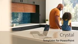  Presentation with using digital tablet - PPT theme featuring father-with-daughter-sitting background and a coral colored foreground