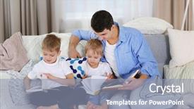 Presentation with family reading - Beautiful presentation theme featuring father with sons together reading backdrop and a  colored foreground