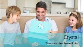  Presentation with father - Slide set with fathers day - happy father opening gift given background and a light blue colored foreground