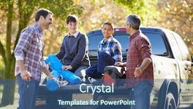  Presentation with dump truck safety - Slide set with fathers with sons unpacking truck background and a ocean colored foreground