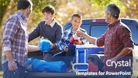  Presentation with camping - Slide set with fathers with sons unpacking truck background and a ocean colored foreground