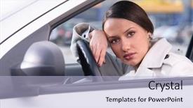  Presentation with steering wheel engineering - Colorful slide deck enhanced with fatigue driving - beautiful sensual woman put her backdrop and a  colored foreground