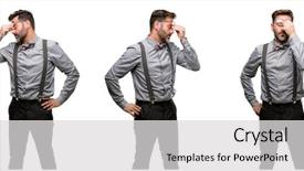  Presentation with overworked - Presentation design with fatigue failure - middle age man with beard background and a light gray colored foreground
