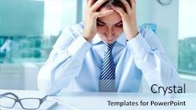  Presentation with workplace - Slide deck featuring fatigue failure - stressed businessman sitting at workplace background and a light blue colored foreground