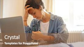  Presentation with ways working - Slides featuring fatigue failure - stressed young woman working background and a  colored foreground