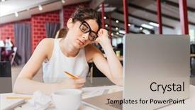  Presentation with tired - Audience pleasing presentation theme consisting of fatigue failure - tired sleepy young business woman backdrop and a soft green colored foreground