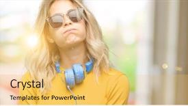  Presentation with headphones - Slide deck enhanced with fatigue failure - young beautiful woman with headphones background and a  colored foreground