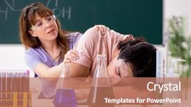  Presentation with classroom - Presentation design having fatigue test - two chemists students in classroom background and a coral colored foreground