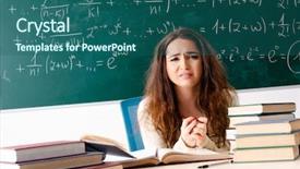  Presentation with math teacher - Slide set with fatigue test - young female math teacher background and a ocean colored foreground