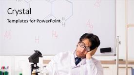  Presentation with particle board - Presentation theme with fatigue test - young funny chemist in front background and a  colored foreground