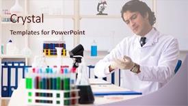  Presentation with chemist - PPT theme having fatigue test - young handsome chemist working background and a  colored foreground