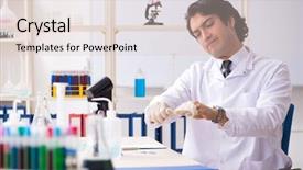  Presentation with lab instruments - Amazing slide set having fatigue test - young handsome chemist working backdrop and a  colored foreground