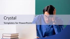  Presentation with parent teacher conference pencil crayons - Presentation enhanced with fatigue test - young male teacher in front background and a  colored foreground