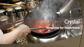  Presentation with commercial - Beautiful presentation design featuring chef is stirring vegetables with sour sauce in wok at commercial kitchen backdrop and a tawny brown colored foreground
